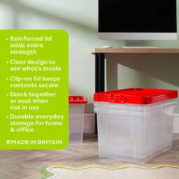 Wham Crystal 60L Clear Box & Stronger Lid PK5 in Red - thumbnail 2