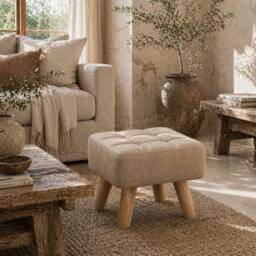 Wyld Haus Luluva Linen Look Light Brown Square Padded Footstool Diamond Tufted - thumbnail 1