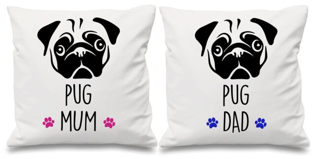 "60 SECOND MAKEOVER Pug Mum Dad White Cushion Covers 16"" x 16"" Couples Cushions Pet Dog Parents - Size: 40 cm x 40 cm"