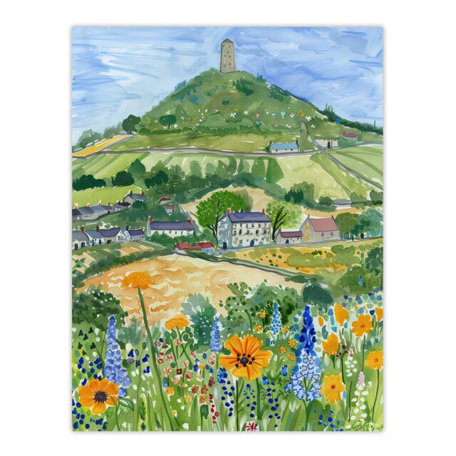 "Artery8 Glastonbury Tor Spring Floral Somerset Painting Wall Art Print in Green - Size: W24"" x H32""" - image 1