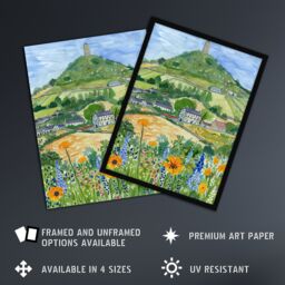 "Artery8 Glastonbury Tor Spring Floral Somerset Painting Wall Art Print in Green - Size: W24"" x H32""" - thumbnail 2