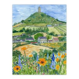 "Artery8 Glastonbury Tor Spring Floral Somerset Painting Wall Art Print in Green - Size: W24"" x H32""" - thumbnail 1