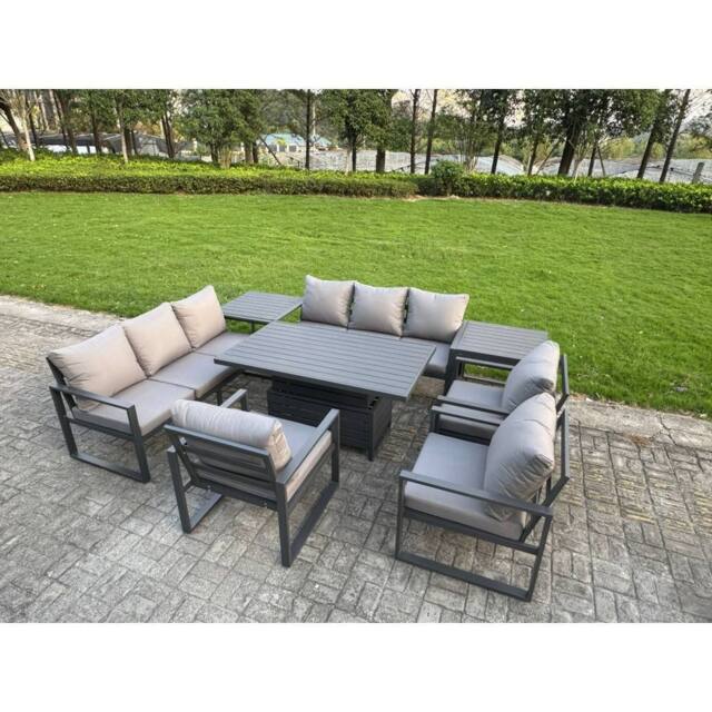 Fimous Aluminum 8-Piece Aluminum 9-Seater Dining Set with Lifting Table in Dark Grey - image 1