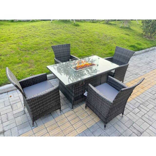 Fimous Rattan Garden Furniture Set 4-seater Patio Gas Firepit Table Chairs in Dark Grey - image 1