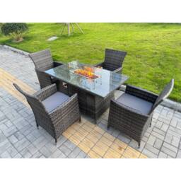 Fimous Rattan Garden Furniture Set 4-seater Patio Gas Firepit Table Chairs in Dark Grey - thumbnail 2