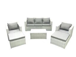 Fimous 7 Seater Rattan Garden Furniture Set with 3 Seater Sofa 2 Chair Rectangular Coffee Table 2 Big Footstools Light Grey Mixed - thumbnail 1