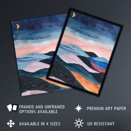 Artery8 Abstract Boho Landscape Starry Night Sky Folk Art Framed Wall Art in Pink - Size: A4 - thumbnail 2