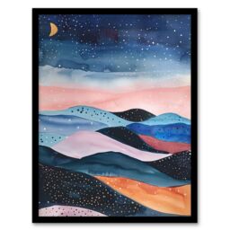 Artery8 Abstract Boho Landscape Starry Night Sky Folk Art Framed Wall Art in Pink - Size: A4 - thumbnail 1