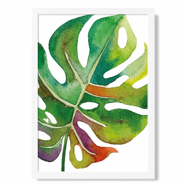 ARTZE Monstera Leaf Abstract Watercolour Botanical Framed Print SIZE: A3 with White Frame in Green - Size: A4 - image 1