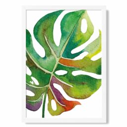 ARTZE Monstera Leaf Abstract Watercolour Botanical Framed Print SIZE: A3 with White Frame in Green - Size: A4 - thumbnail 1