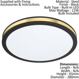 Loops Wall Flush Ceiling Light Colour Black Shade White Gold Plastic Bulb LED 12W - thumbnail 2