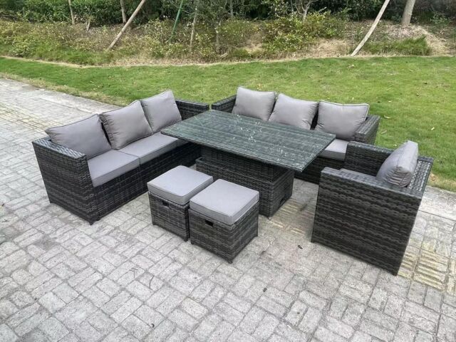 Fimous Wicker PE Garden Furniture Rattan Sofa Set Outdoor Adjustable Rising Lifting Dining Table Set with 2 Stools in Dark Grey - image 1