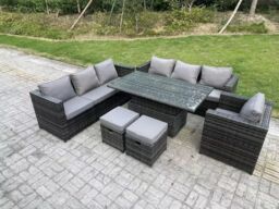 Fimous Wicker PE Garden Furniture Rattan Sofa Set Outdoor Adjustable Rising Lifting Dining Table Set with 2 Stools in Dark Grey - thumbnail 2