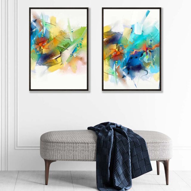 ARTZE Abstract Fractal Blue Green Set of 2 Art Prints in Black Frames - Size: A2 - image 1