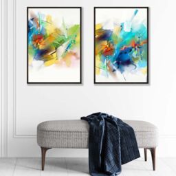 ARTZE Abstract Fractal Blue Green Set of 2 Art Prints in Black Frames - Size: A2 - thumbnail 1