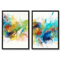 ARTZE Abstract Fractal Blue Green Set of 2 Art Prints in Black Frames - Size: A2 - thumbnail 2