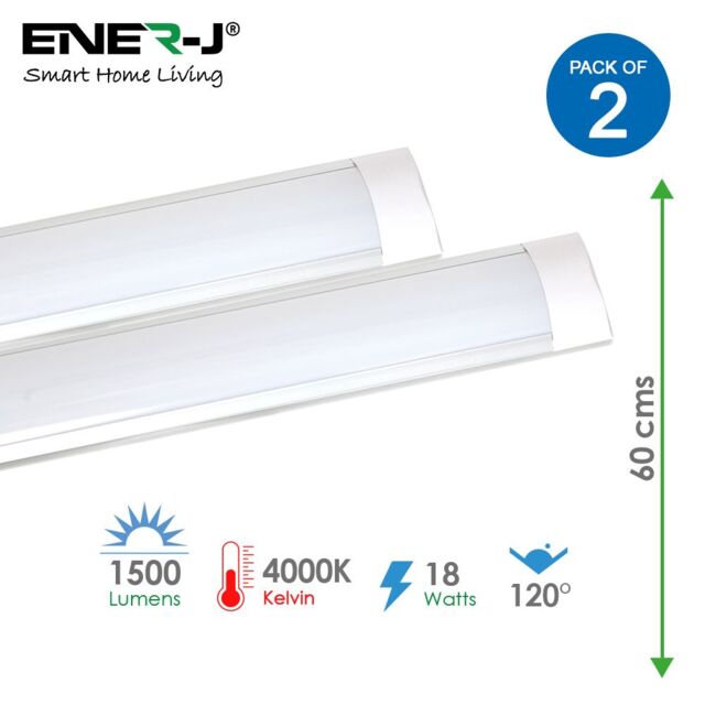 ENER-J Women's 18W Prismatic LED Tube Batten complete fitting 0.6m, 1440 lumens, 4000K (pack of 2 units) - Size: 35 cm diameter x 21 cm high - image 1
