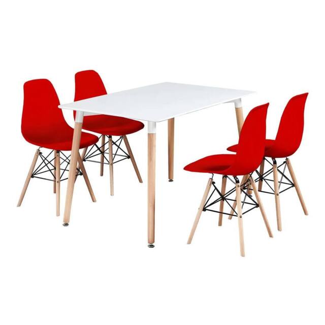 Interior Emporium Ltd Modern 5-Piece Dining Table & Chairs Set - White Table with Wooden Legs - with Red Chairs - image 1