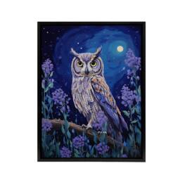 "Artery8 Great Horned Owl In Lavender Field Framed Canvas Wall Art Print in Blue - Size: W12"" x H16""" - thumbnail 1