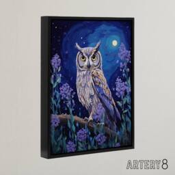 "Artery8 Great Horned Owl In Lavender Field Framed Canvas Wall Art Print in Blue - Size: W12"" x H16""" - thumbnail 2
