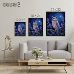 "Artery8 Great Horned Owl In Lavender Field Framed Canvas Wall Art Print in Blue - Size: W12"" x H16""" - thumbnail 4