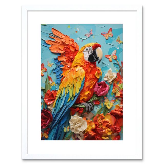 "Artery8 Wall Art Print Vibrant Macaw Parrot Heavy Oil Paint with Butterflies & Flowers High Texture Artwork Framed 9X7 Inch in White - Size: W7"" x H9""" - image 1