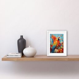 "Artery8 Wall Art Print Vibrant Macaw Parrot Heavy Oil Paint with Butterflies & Flowers High Texture Artwork Framed 9X7 Inch in White - Size: W7"" x H9""" - thumbnail 2