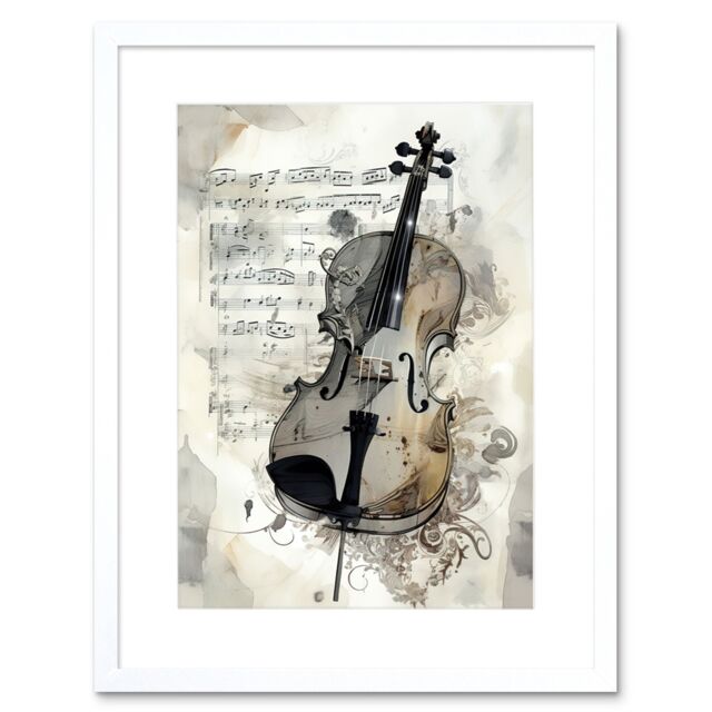 "Artery8 Wall Art Print Violin Instrument & Sheet Music Modern Monochrome Watercolour Artwork Framed 9X7 Inch in White - Size: W7"" x H9""" - image 1