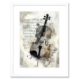 "Artery8 Wall Art Print Violin Instrument & Sheet Music Modern Monochrome Watercolour Artwork Framed 9X7 Inch in White - Size: W7"" x H9""" - thumbnail 1
