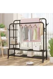 Living and Home 2-Rod Metal Clothes Rack Garment Holder with Wheels Shelves in Black - thumbnail 1