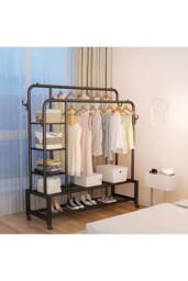 Living and Home 2-Rod Metal Clothes Rack Garment Holder with Wheels Shelves in Black - thumbnail 2