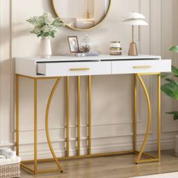 Fascinate White & Gold Luxury Console Table with 2 Drawers - thumbnail 2