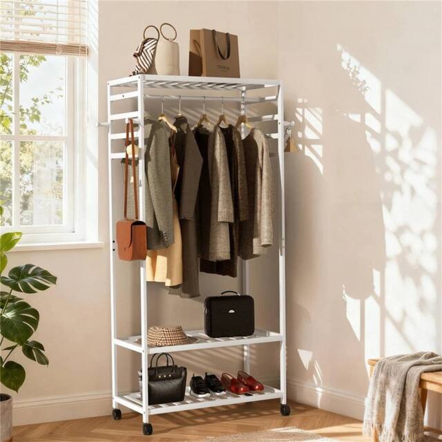 Kelvenix Rolling Clothes Stand Hanging Garment Rack Bamboo in White - image 1