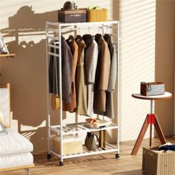 Kelvenix Rolling Clothes Stand Hanging Garment Rack Bamboo in White - thumbnail 5