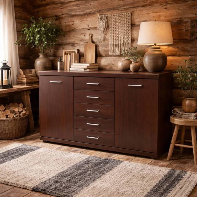 Wyld Haus Sonderborg Wide Dark Mahogany Sideboard 2 Doors 5 Drawers in Dark Brown - image 1