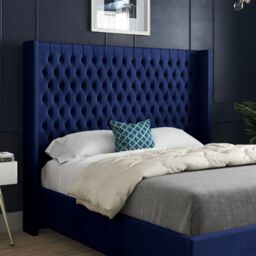 KDMD Serenova Straight Winged Upholstered Soft Velvet Designer Bed Frame in Blue - Size: Single - thumbnail 3
