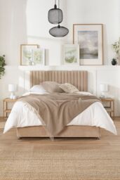 Aspire Grant Divan, Linen Fabric, Strutted Headboard, 2 Drawers in Light Sand - Size: Double
