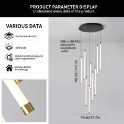 NIVOR Modern Dimmable 9-Light High LED Ceiling Chandeliers Pendant Staircase in Black - thumbnail 2