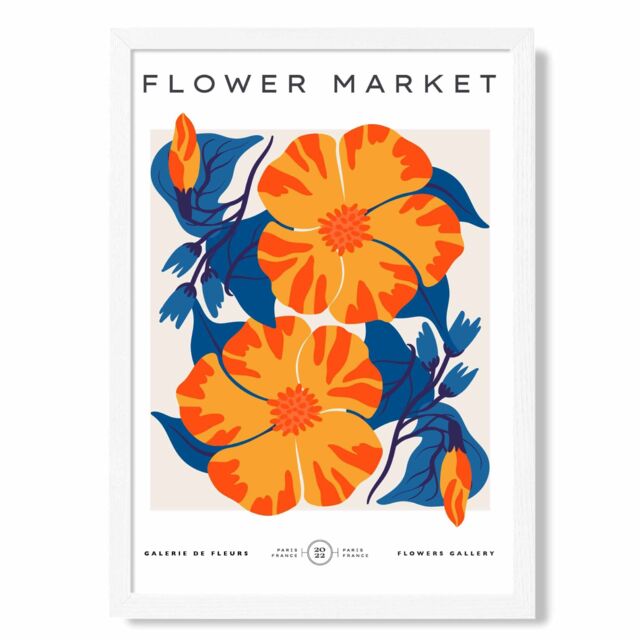 ARTZE Orange & Blue Cosmos Flower Market Exhibition Framed Print SIZE: A3 with White Frame - Size: A4 - image 1