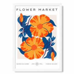 ARTZE Orange & Blue Cosmos Flower Market Exhibition Framed Print SIZE: A3 with White Frame - Size: A4 - thumbnail 1