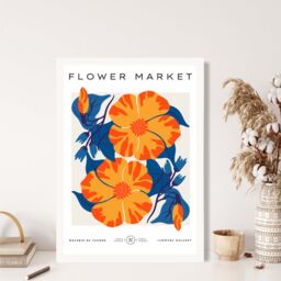 ARTZE Orange & Blue Cosmos Flower Market Exhibition Framed Print SIZE: A3 with White Frame - Size: A4 - thumbnail 2