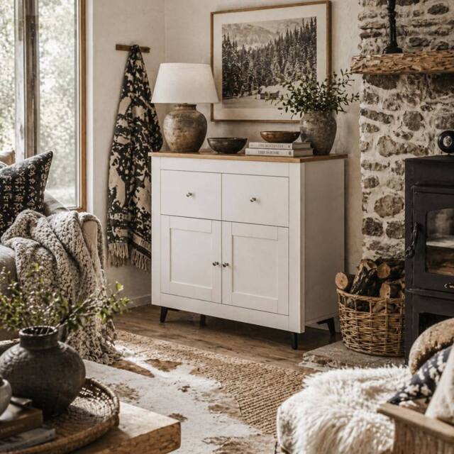 Wyld Haus Dielro White Sideboard Natural Wood Effect Top 2 Drawers Double Door - image 1