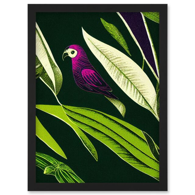 Artery8 Pink Parrot & Tropical Plant Leaves Vintage Linocut Pattern Detail Artwork Framed Wall Art Print A4 in Black - image 1