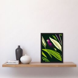 Artery8 Pink Parrot & Tropical Plant Leaves Vintage Linocut Pattern Detail Artwork Framed Wall Art Print A4 in Black - thumbnail 2