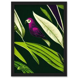 Artery8 Pink Parrot & Tropical Plant Leaves Vintage Linocut Pattern Detail Artwork Framed Wall Art Print A4 in Black - thumbnail 1