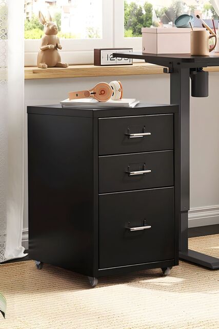 Living and Home Vertical File Office Cabinet with Wheels Bedroom Bedside Table in Black - image 1