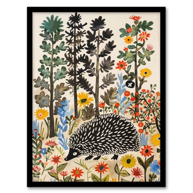 Artery8 Hedgehog in Forest Folk Art Painting Wildflowers Framed Art Print - Size: A4 - image 1