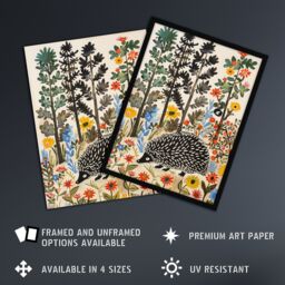 Artery8 Hedgehog in Forest Folk Art Painting Wildflowers Framed Art Print - Size: A4 - thumbnail 2