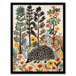 Artery8 Hedgehog in Forest Folk Art Painting Wildflowers Framed Art Print - Size: A4 - thumbnail 1