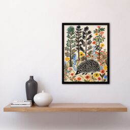 Artery8 Hedgehog in Forest Folk Art Painting Wildflowers Framed Art Print - Size: A4 - thumbnail 4